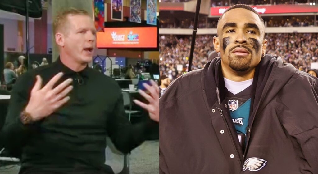 Chris Simms talking while picture shows Jalen Hurts in uniform without helmet