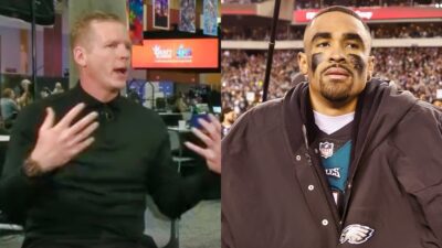 Chris Simms talking while picture shows Jalen Hurts in uniform without helmet