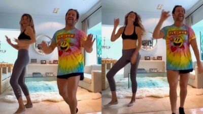 gisele in workout gear and dancing next to man
