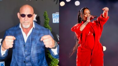 Goldberg holding up his fists while picture shows Rihanna is pointing down