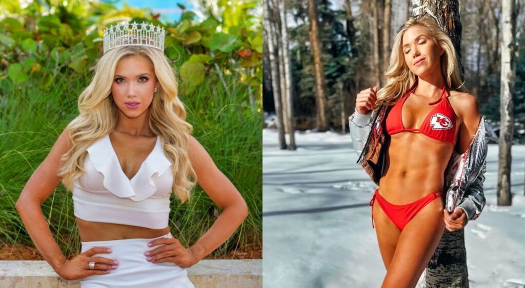 Gracie Hunt posing with crown on her head and in Chiefs bikini