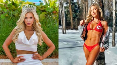 Gracie Hunt posing with crown on her head and in Chiefs bikini