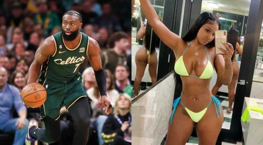 Jaylen Brown dribbling ball while picture shows model posing in mirror with bikini on