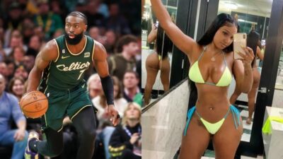 Jaylen Brown dribbling ball while picture shows model posing in mirror with bikini on
