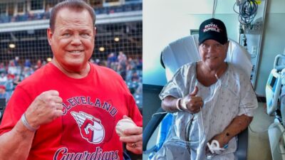 Jerry Lawler at baseball game while photo shows him in hospital bed