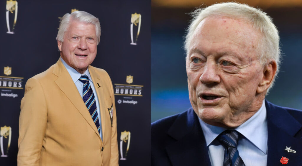 Jimmy Johnson in gold suit and Jerry Jones in blue suit