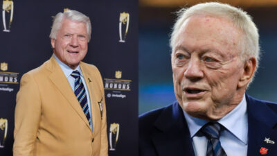 Jimmy Johnson in gold suit and Jerry Jones in blue suit