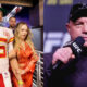 Brittany and Patrick Mahomes walking into tunnel. Joe Rogan holding UFC mic to his face