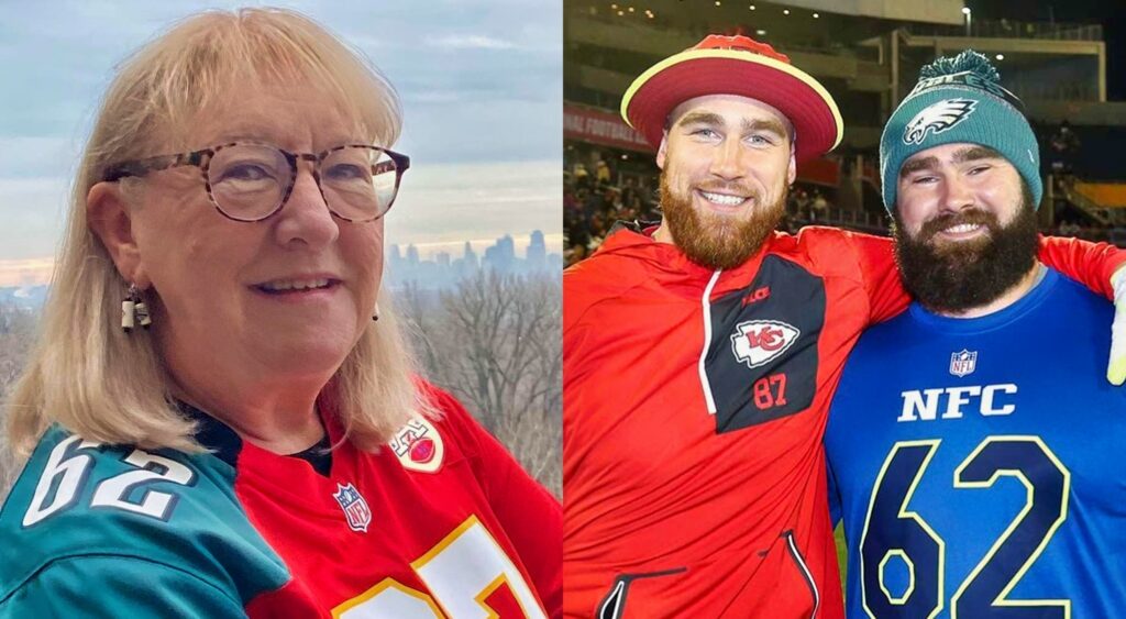 Travis and Jason Kelce hugging while picture shows their mother with Eagles-Chiefs jersey