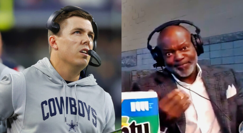kellen moore with headset on while emmitt smith has headset on