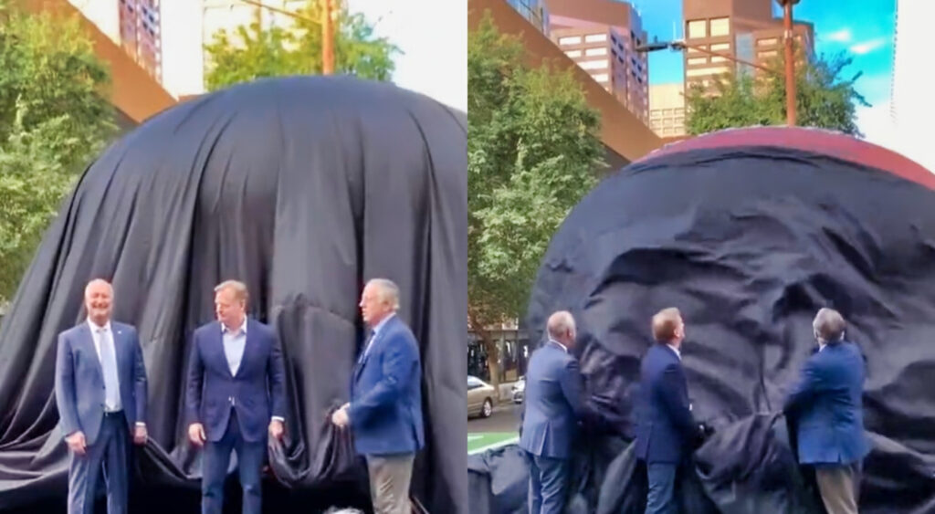 roger goodell and two other men standing in front of huge football