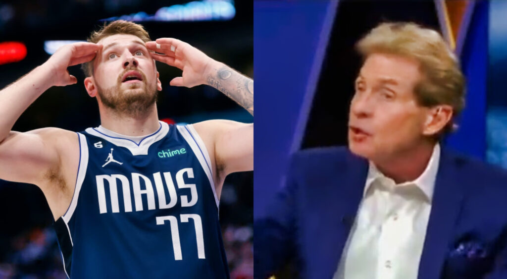 Luka Doncic complaining while picture shows Skip Bayless yelling