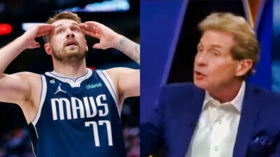 Luka Doncic complaining while picture shows Skip Bayless yelling