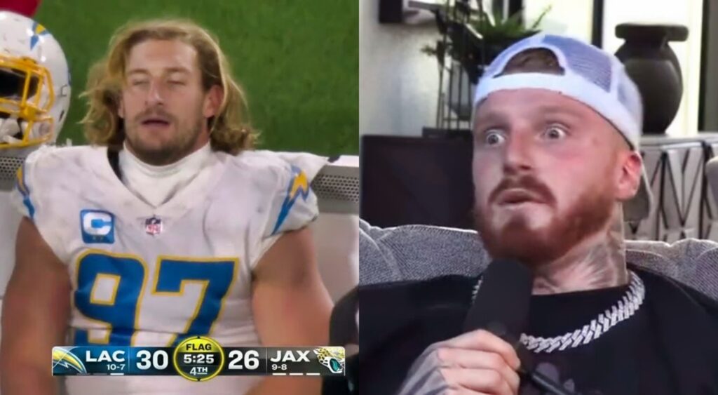 Maxx Crosby sitting on couch with mic while picture shows Joey Bosa without helmet