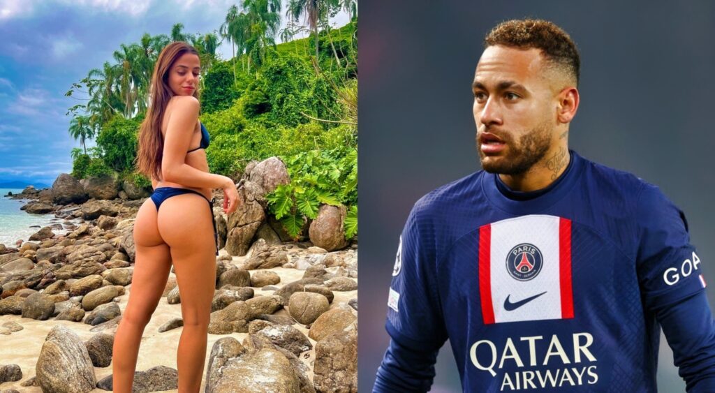 Key Alves posing in bikini while picture shows Neymar looking shocked on field