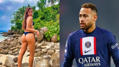 Key Alves posing in bikini while picture shows Neymar looking shocked on field