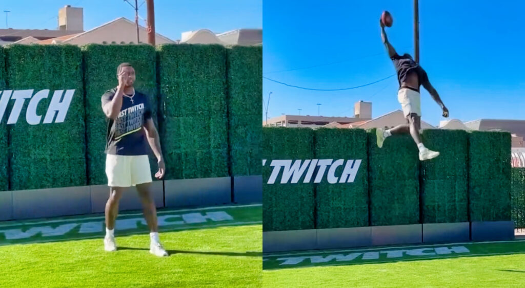 Seattle Seahawks wide receiver D.K. Metcalf preparing for football (left). Metcalf jumps up for one-handed catch (right).