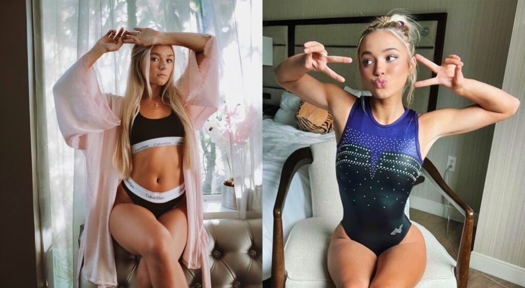 Katie Sigmond posing in black while Olivia Dunne poses in Leotard