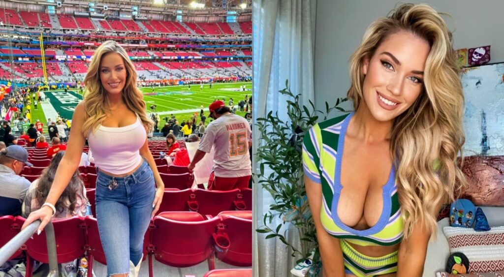 Paige Spiranac posing at football game and her posing with dress on