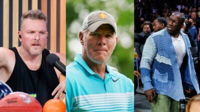 Brett Favre in golf shirt. Pat McAfee sitting. Shannon Sharpe looking upset at Lakers game