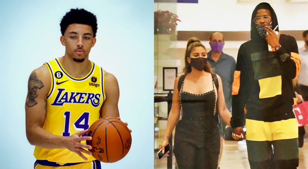 Scotty Pippen holding ball while picture shows Larsa Pippen and Malik Beasley holding hands