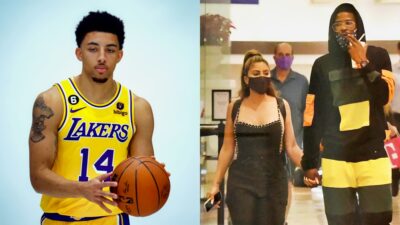 Scotty Pippen holding ball while picture shows Larsa Pippen and Malik Beasley holding hands