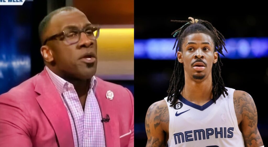 Shannon Sharpe in pink suit while Ja Morant is in uniform
