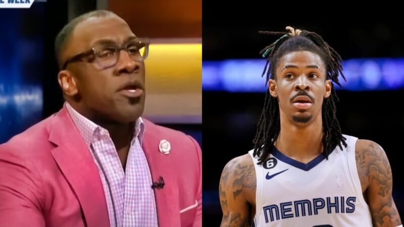 Shannon Sharpe in pink suit while Ja Morant is in uniform