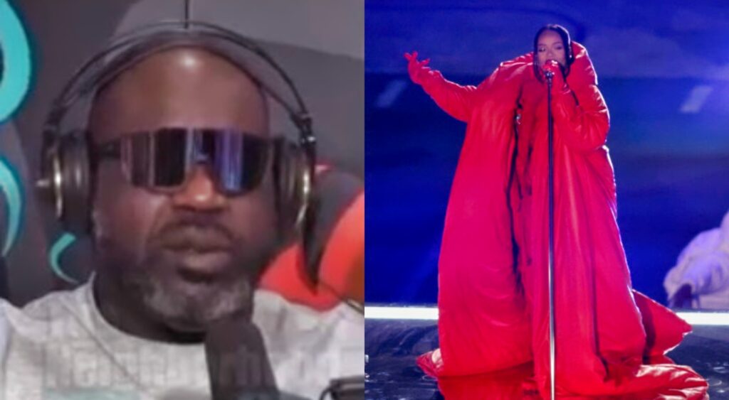 shaq with headset on while rihanna is in red on stage