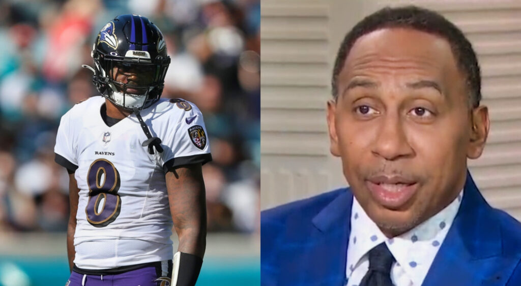 lamar jackson in uniform while picture shows stephen a smith in blue suit