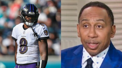 lamar jackson in uniform while picture shows stephen a smith in blue suit
