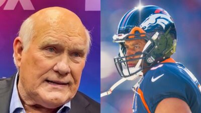 Terry Bradshaw speaking to reporters while picture shows Russell Wilson in uniform