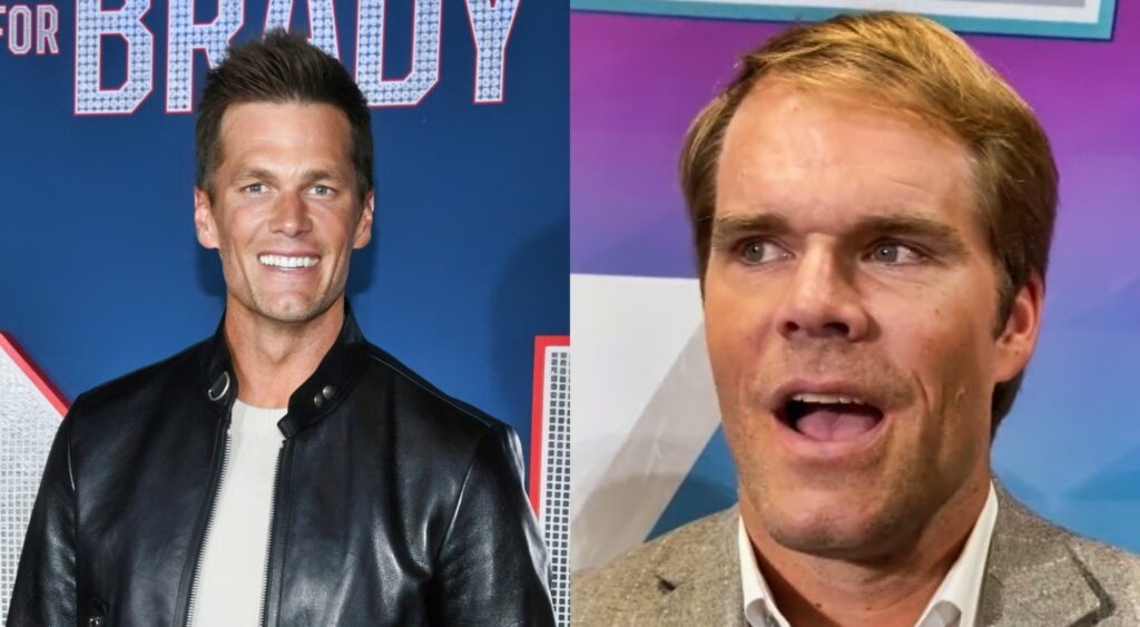 Tom Brady smiling in black jacket while Greg Olsen is in tan suit