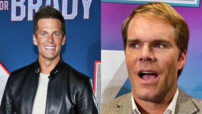 Tom Brady smiling in black jacket while Greg Olsen is in tan suit
