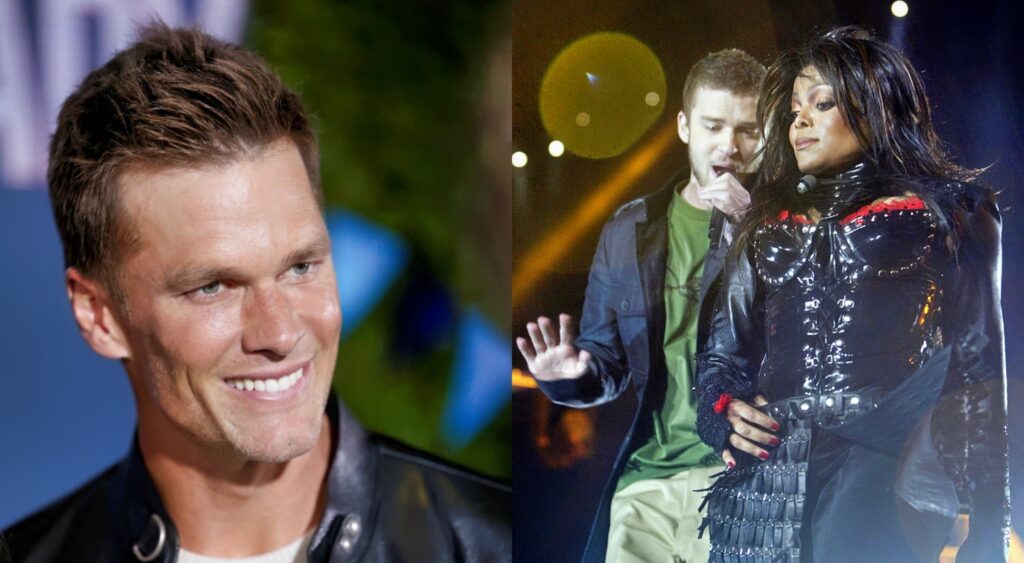 Tom Brady smiling. Justin Timberlake and Janet Jackson on stage
