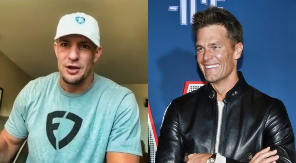Rob Gronkowski in Fan Duel shirt while picture shows Tom Brady smiling
