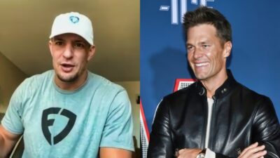 Rob Gronkowski in Fan Duel shirt while picture shows Tom Brady smiling