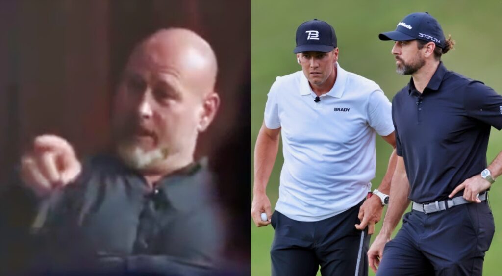 Tom Brady, Aaron Rodgers  on golf course while picture shows Trent Dilfer pointing