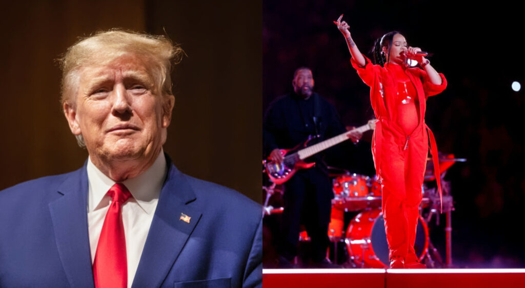 donald trump in suit. Rihanna in red singing.