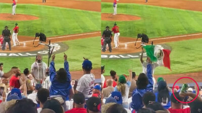 Two photos of rapper 6ix9ine at baseball game