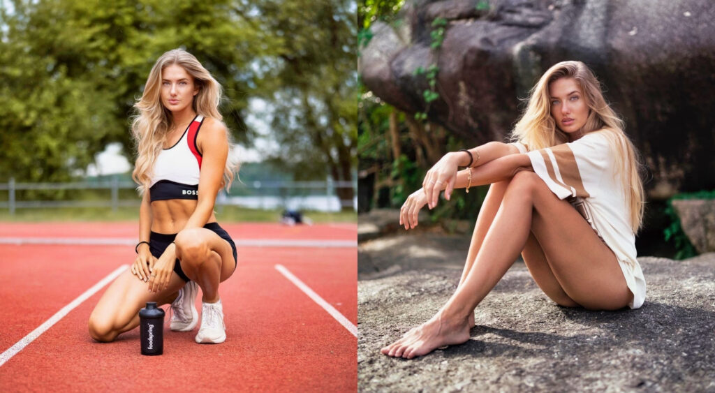 Photo of Alica Schmidt posing for photo on track and photo of Alica Schmidt sitting on the ground