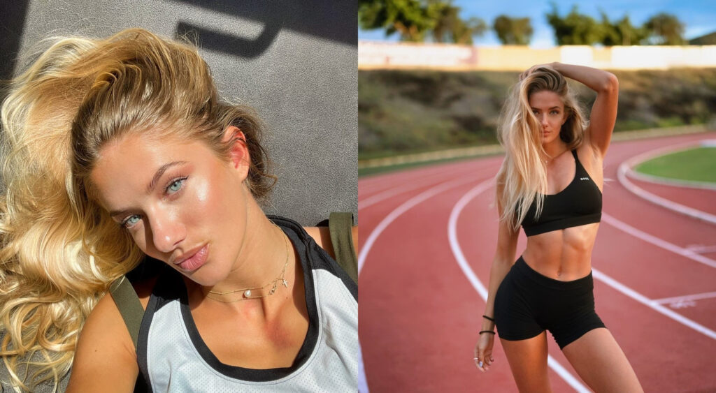 Closeup photo of Alica Schmidt and and photo of Alica Schmidt posing on a track