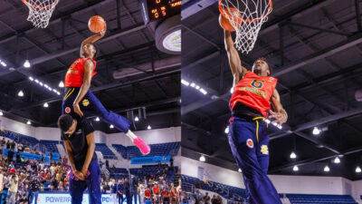 Photos of Bronny James dunking at McDonald's Slam Dunk Contest