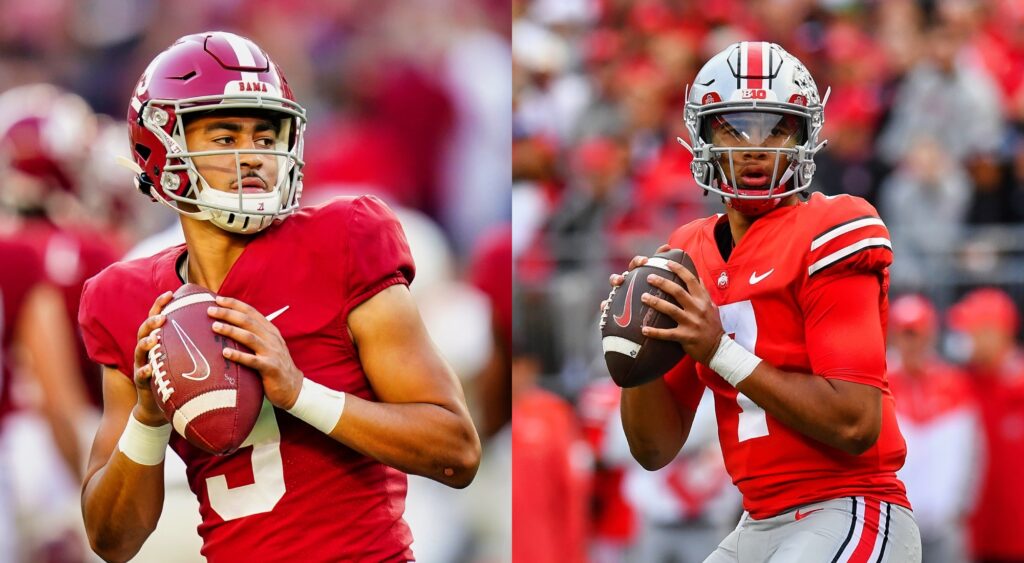 A split image of Bryce Young and CJ Stroud each throwing a pass during a game.
