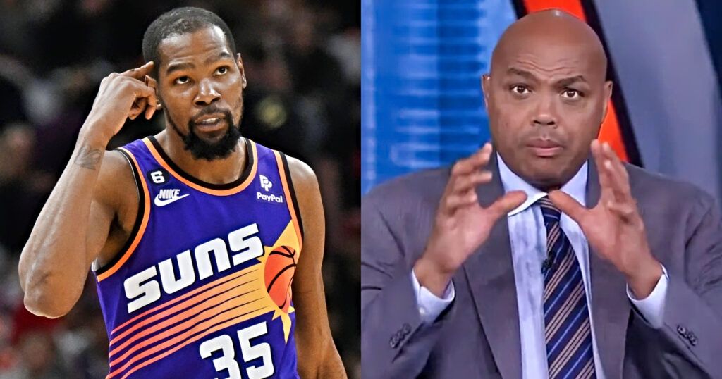 Kevin Durant in Suns uniform. Charles Barkley smiling while in suit