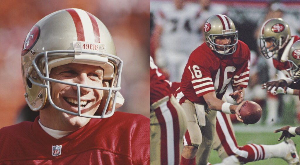 San Francisco 49ers quarterback Joe Montana smiling (left). Montana handing ball off (right).