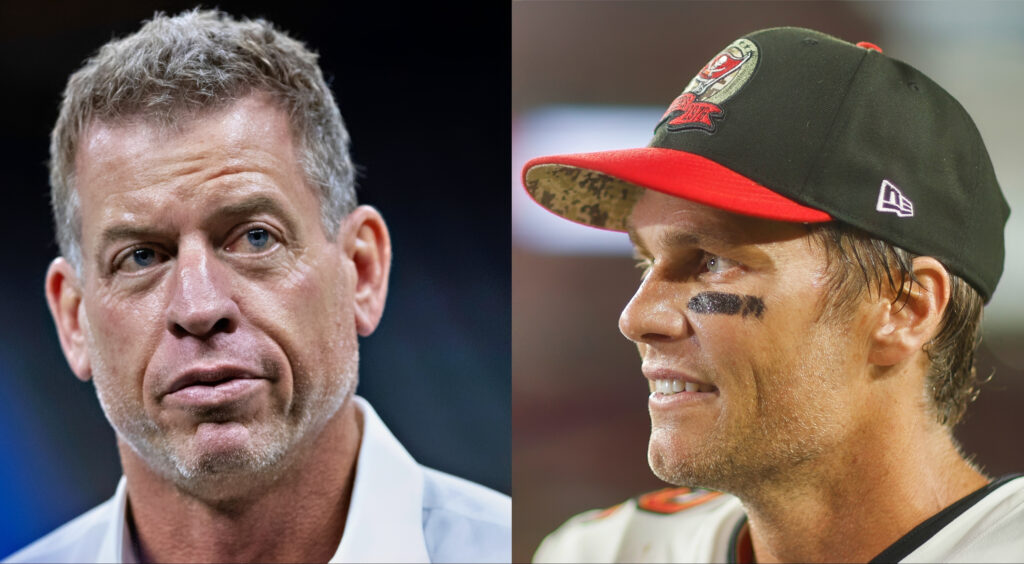Troy Aikman looking on (left). Tom Brady looking on at game (right).