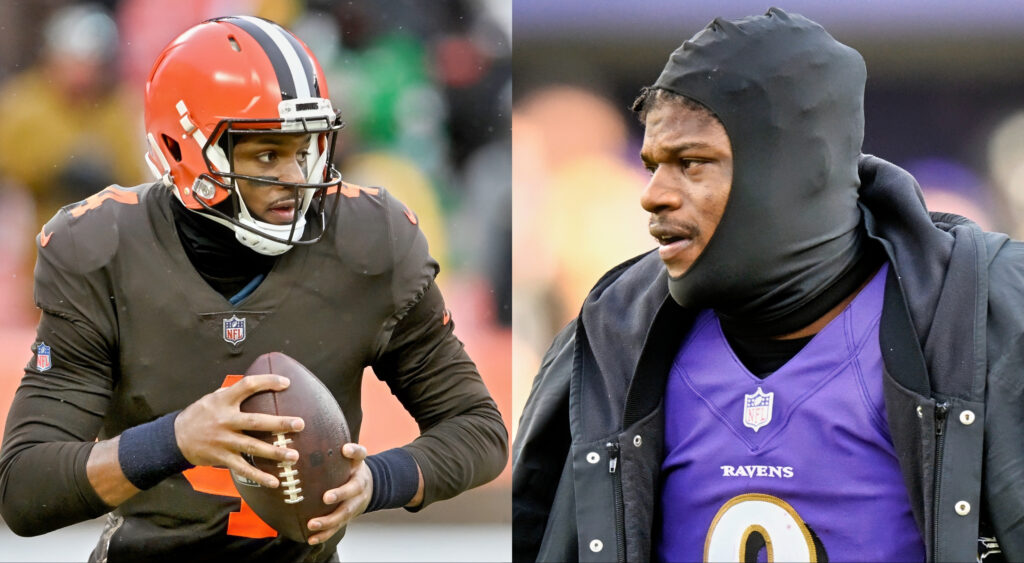Cleveland Browns quarterback Deshaun Watson gripping football (left). Baltimore Ravens quarterback Lamar Jackson (right).