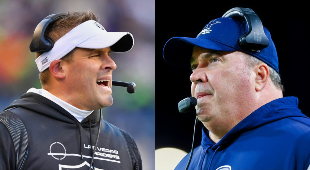 Las Vegas Raiders head coach Josh McDaniels reacting(left). Dallas Cowboys head coach Mike McCarthy looking on (right).