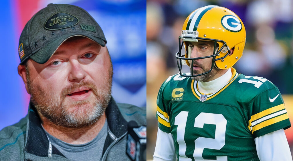 New York Jets GM Joe Douglas speaking to media (left). Green Bay Packers quarterback Aaron Rodgers looking on (right).